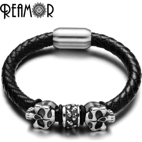REAMOR 9 Style Simple Skull Men Charms Bracelet Jewelry Punk Genuine Braided Leather Bracelets Stainless steel Skull Head Bangle
