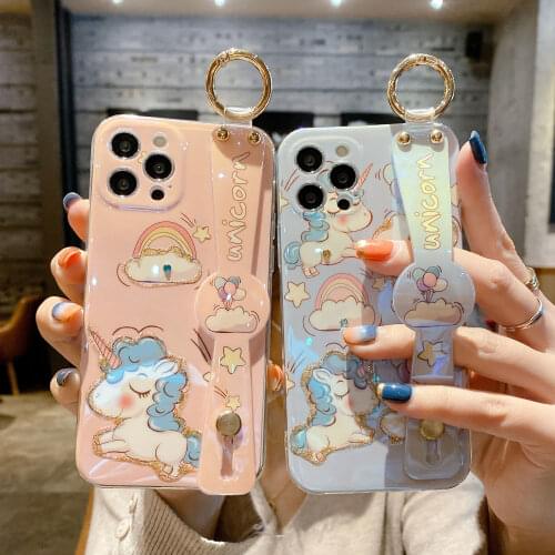 Cartoon Diamond Bling Unicorn Phone Case For Iphone 12 Pro Max 11 7 8Plus XR XS MAX Wristband Soft Shockproof Cover Coque