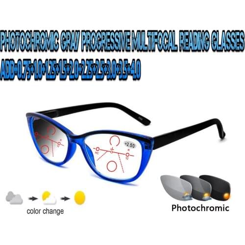 Photochromic Gray Progressive Multifocal Reading Glasses Women ladies Ultralight violet Frame+1 +1.5 +1.75 +2.0 +2.5 +3 +3.5 +4