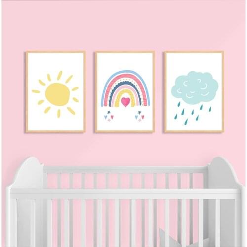 Nursery Canvas Paintings,Boho Poster,Sunshine,Cloud,Rainbow Wall Art Pictures,Modern Minimalist Childrens Rooms Decor