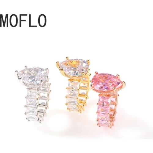 MOFLO Drop-shaped Square Zirconium Hip-hop Ring Big Pink Accent Stone Rose Gold Pricess Cut Full Cz Band Wedding Engagment Ring