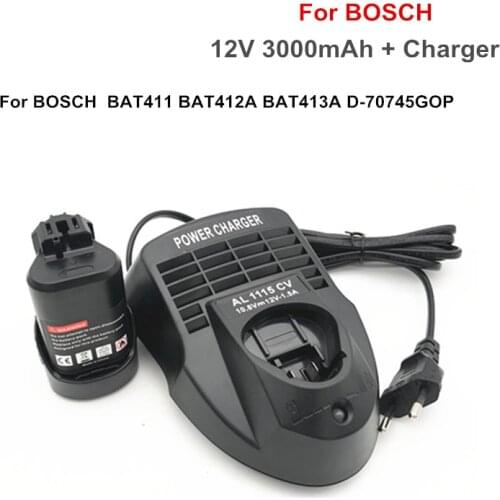 12V 3000mAh Li-ion BAT411 Rechargeable Battery +charger for BOSCH BAT411 BAT412A BAT413A D-70745GOP 2607336013 2607336014 PS20-2