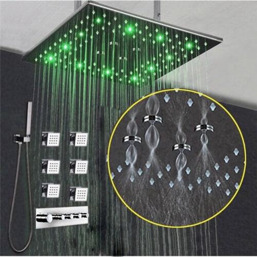 Multifunction Thermostatic Mixer Valve LED Shower Set 16 Inch Rainfall Bubble Mist Bathroom Shower Faucet Mirror Shower Body Jet