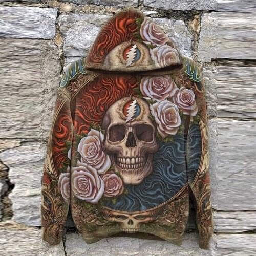 Vintage Rose Skull Printed Long Sleeve Mens Hooded Sweatshirt 2021 Autumn Casual Hoodies For Men Fashion Hoodie Tops Streetwear