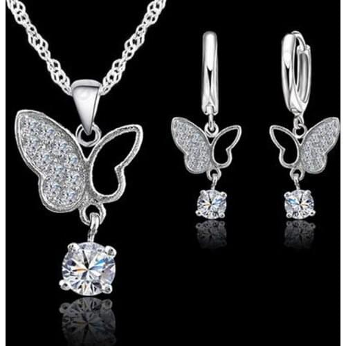 Women Elegant Big Buterfly Pendants Necklace Earrings Set 925 Sterling Silver Wedding Engagemnet AAA Zircon Crystal Jewelry Sets