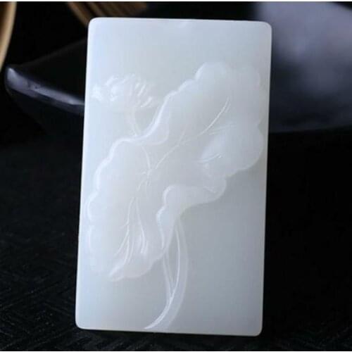 Natural White Hand-carved Chinese Hetian White Jade Lotus Pendant +Rope Necklace