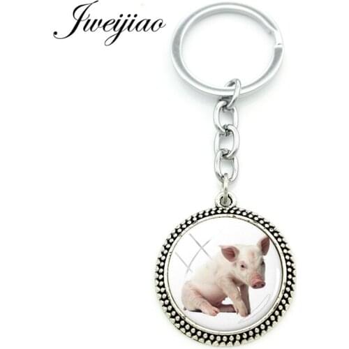 JWEIJIAO New Arrival Animal Pig Key Chain Ring Keyring Domestic Pig Picture Pendant Glass Dome Custom Phone Bag Charms PG30