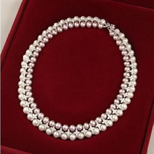Free shipping wholesale latest new design jewelry 2rows natural AA 9-10mm white&gray freshwater pearl necklace