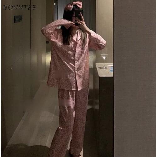 Pajama Sets Women Leopard Turn-down Collar Large Size Casual Loose Long Sleeve Korean Style Female Nightclothes Fashion Autumn
