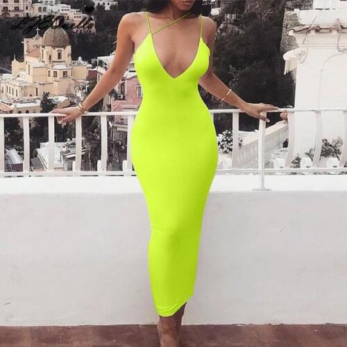 LZEQuella Sexy Deep V Neck Spaghetti Strap Backless Summer Dress Women Lace Up Long Dresses Elegant Bodycon Party Dresses NZ2665