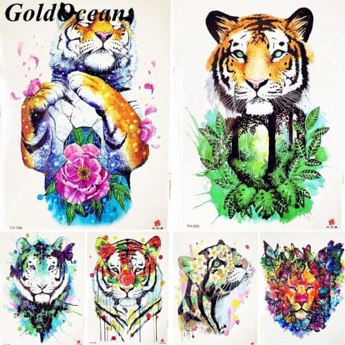 Enjoyed Tiger Rose Flower Temoprary Tattoo Women Watercolor Tribal Tattoo Sticker Flying Petal Women Fake Tatoo Green Leaf Paste