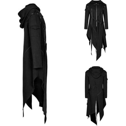 Men Gothic Style Hip Hop Trench Coat Hooded Cloak Mens Irregular Design Long Cardigan Street Punk Vintage Jackets