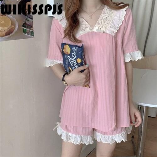 WIKISSPJS Summer New Cotton Gauze Thin Pajamas Two Piece Set Lovely Little Fresh Girl Student Home Clothes Bedroom Set