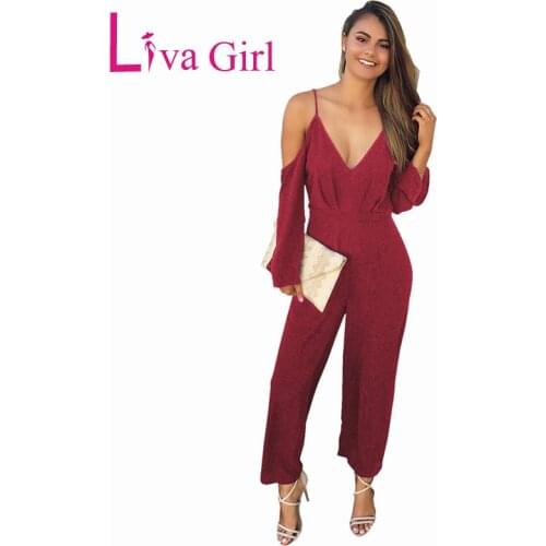LIVA GIRL Casual Office Women Jumpsuit 2019 Spring Sexy V Neck Spaghetti Strap Long Sleeve Wide Leg Long Pants Feminine Jumpsuit