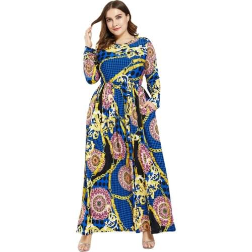 Plus Size Bohemian Print Long Sleeve Dress Muslim Women Abaya Islamic Maxi Cocktail Party Jilbab Kaftan Arab Robe Gown Sundress