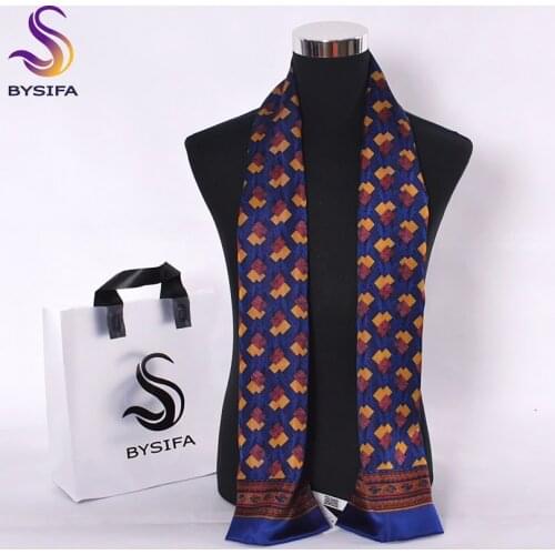 [BYSIFA] Men Big Plaid Silk Scarf Autumn Winter Male Double Layers Pure Silk Long Scarves Cravat Navy Blue And Red 160*26cm