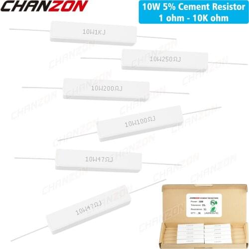 10 Pcs 10W 5% Cement Wirewound Resistors 1 - 10K Ohm 10Watt Inductive Fixed Wire Wound Ceramic Resistance 10 15 100 250 1K 1Kohm