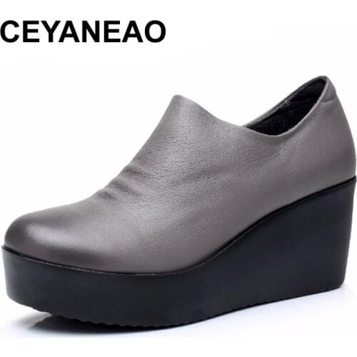 CEYANEAO2019Wedges Women Shoe Spring Autumn Slip-On High Heels Round Toe Genuine Leather Casual Ladies Platform Shoes WomanE1631