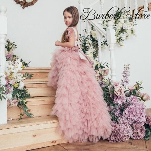 Pretty Blush Pink Lush Tiered Kids Flower Girl Dresses Tutu Ruffles Long Kids Gowns With Train Pageant Dresses For Girls