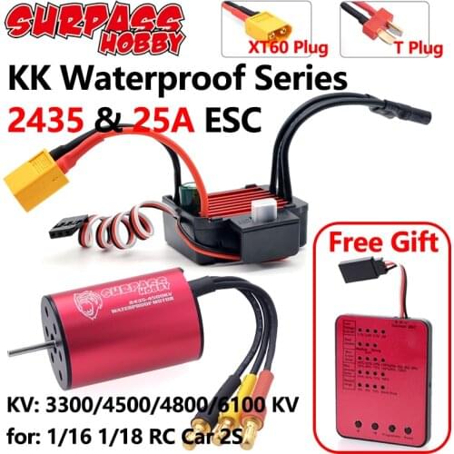 Surpass Hobby KK Waterproof ESC Brushless Motor 2435 3300/4500/1800/6100KV 25A ESC XT60 Programming Card for RC Car 1/16 1/18 2S