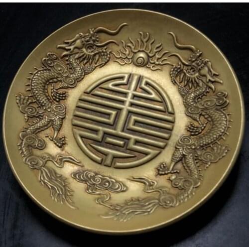 China brass double dragon play bead dish crafts statue