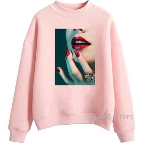 Red nail polish print Vintage sweatshirt women Pink Oversized hoodie moletom feminino kpop streetwear winter clothes