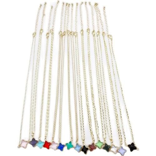 Colorful Crystal Four Leaf Leaves Clover Pendant Necklace Fashion Double Side Lucky Stone Short Necklace Women Jewelry Gift