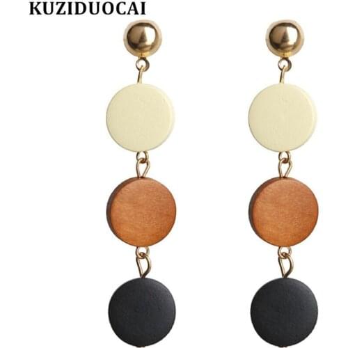 Kuziduocai 2019 New Fashion Jewelry Five Colors Crude Wood Spray Paint Splice Dangle Round Tassel Drop Earrings For Women E-2129