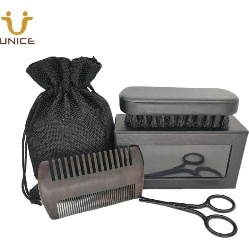 MOQ 100pcs Custom LOGO Men Beard Care Set Fine & Coarse Teeth Black Wood Combs Hair Combs Boar Bristle Beard Brush & Scissors