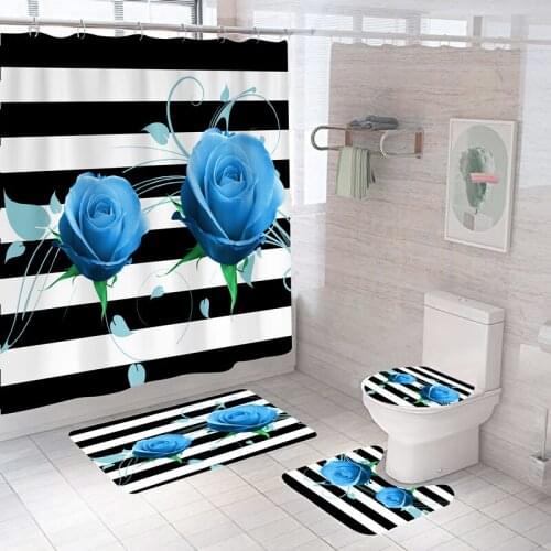 Flower Printed Waterproof Bathroom Shower Curtain Set Non-Slip Bath Mat Rug Carpet Sets Toilet Cover Bathroom Decor
