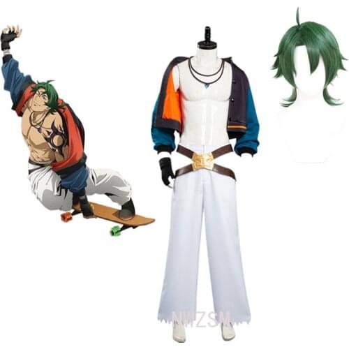 Anime SK8 Joe Cosplay clothes and Wig Green Short Straight Mullet Ponytail Synthetic Hair SK8 the Infinity SK Eight Role Play