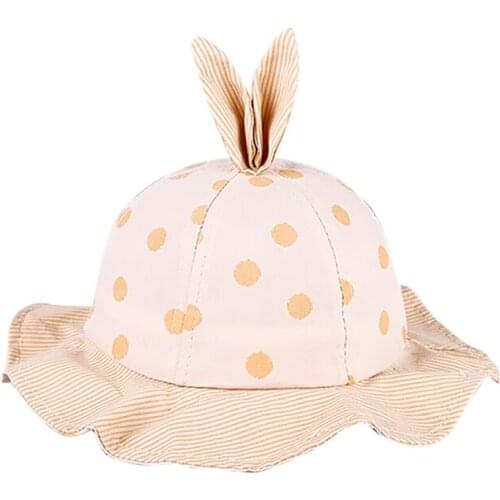 Autumn Kids Hats Dot Stripe Print Bucket Hats With Ear Design Reversible Sun Headwear Caps For Baby Girls