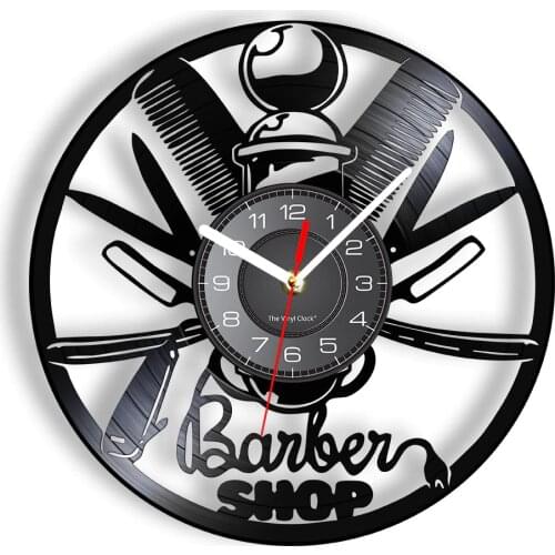 Barbers Pole With Hairdresser Equipment Decorative Wall Clock Barber Shop Hair Salon Laser Cut Vinyl Record Longplay Wall Clock