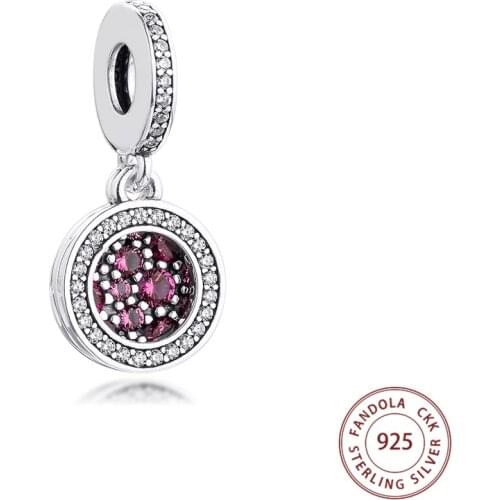 Fits Pandora Bracelet 925 Sterling Silver Sparkling Red Disc Double Dangle Charms Metal Beads DIY Jewelry Making Wholesale