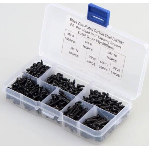 500PCS/SET Black Zinc-Plated Carbon Steel DIN 7981 PA Pan Head Self Tapping Screws Fastener Boxed M3*6/8/10/12/16/18/20