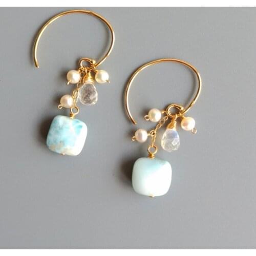 LiiJi Real Square Larimar Moonstone Drop Beads Freshwater Pearl 925 Sterling Silver Gold color Handmade Drop Earrings