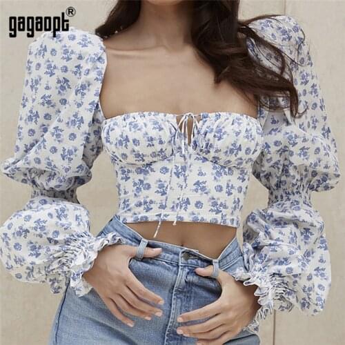 Gagaopt Floral Top Women White Sweet Square Neck Long Puff Sleeve Ruched Drawstring Crop Top Autumn Woman Party Blouse