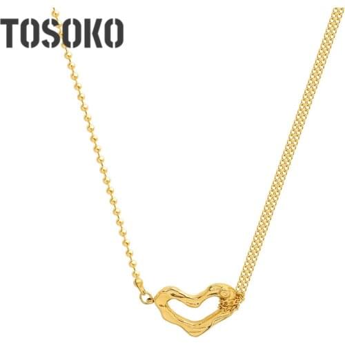 TOSOKO Stainless Steel Jewelry Irregular Peach Heart Pendant Necklace Steel Ball Chain Womens Sweet Love Clavicle Chain BSP1112