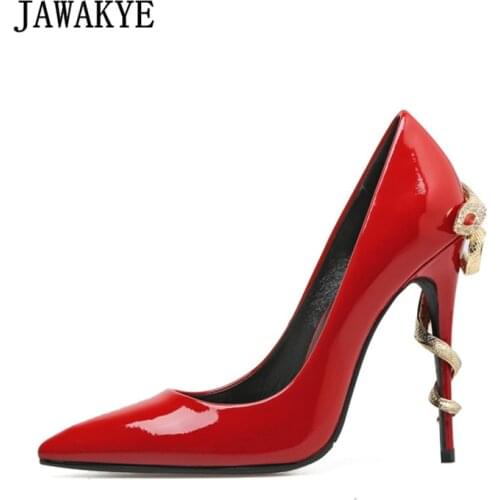 Newest Red Patent Leather Wedding Shoes Woman Sexy Pointed Toe Rhinestone Metal Snake High Heel Shoes Lady Pumps