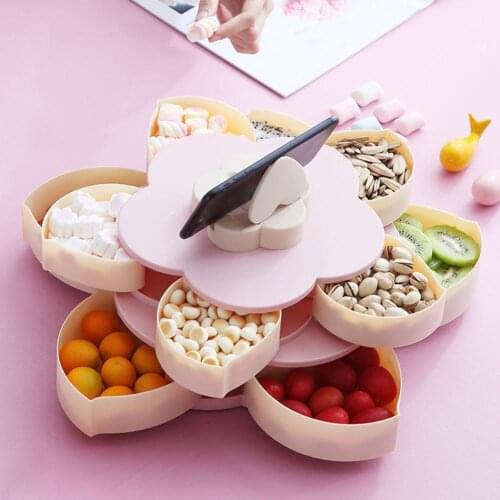 Petal-Shape Rotating Candy Box Snack Nut Box Flower Candy Fruit Plate Food Storage Case Two-deck Dried Fruit Storage Organizer