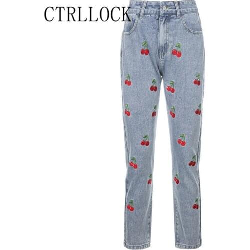 CTRLLOCK Grunge Cherry Embroidery Jeans Women High Waist Sweet Straight Pants Female 2021 Fashion Streetwear