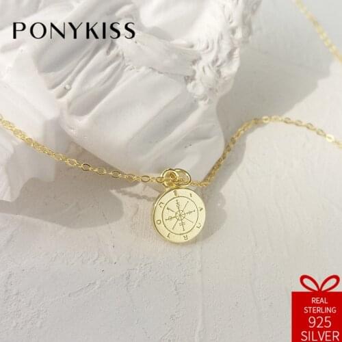 PONYKISS Vintage 100% 925 Solid Sterling Simple Compass Chic Pendant Necklace Chain Gift Lady Fine Jewelry Birthday Party