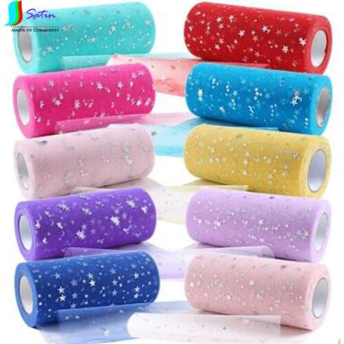 Star Sequin Gauze Roll Star And Moon Gauze Table Skirt Wedding Fluffy Dress 25yards/lot Colorful Pink Red Black Fabric A0024M