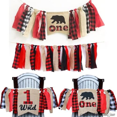 20sets Cloth Party Banners Red Plaid Lumberjack Banners Party Decorations ONE First Birthday Chair Flags DIY Party Accessories
