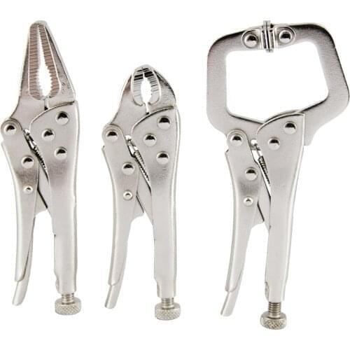3Pcs Mini Vise Locking Pliers Set 4in. Curved Jaw and 5in. Long Nose and 5 in. C Clamp