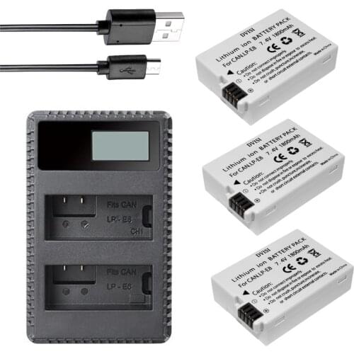 DVISI 3Pcs LP-E8 LP E8 1800mAh Rechargeable Batteries + LCD Dual Charger For Canon EOS 550D 600D 650D 700D Rebel T2i T3i T4i T5i