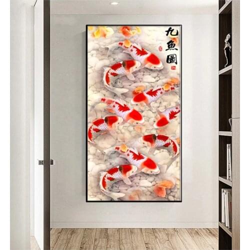 Chinese style abstract nine koi fish lotus canvas oil painting poster feng shui wall art painting living room home decoration