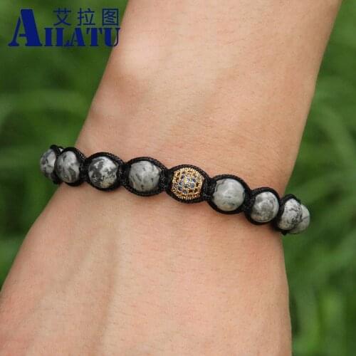 Ailatu Nautral Grey Marble Stone Beads with Blue Micro Paved Blue Zircons Ball Braiding Macrame CZ Bracelet