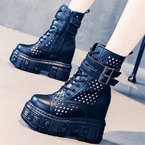 Punk Goth Military Womens Genuine Leather Ankle Boots Sandals Platform Pumps Increasing Height Creepers Party Oxfords Buckle
