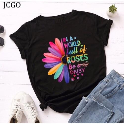 JCGO Summer Women T Shirts Cotton 5XL Plus Size Colorful Flower Print Short Sleeve O Neck Fashion Woman Tops Tees Casual Tshirt